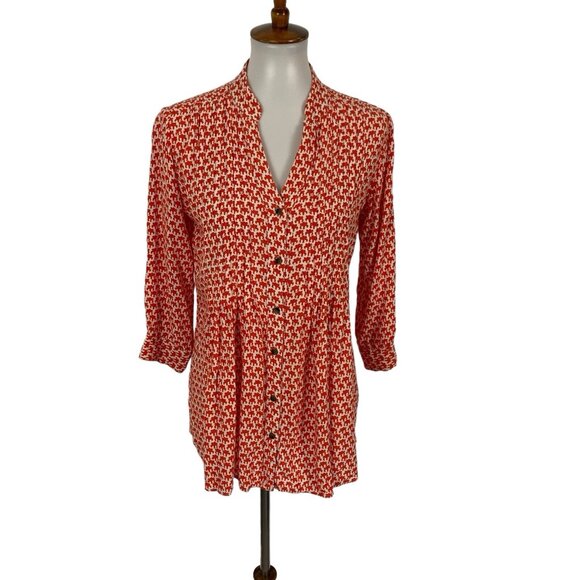 Rock Flower Paper Top Small Orange White Button Down Boho Retro Festival - Picture 1 of 7
